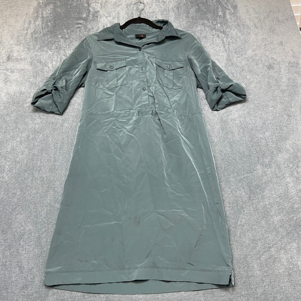 Mossimo Maxi Shirt Dress Womens Medium Sage Green Elastic Waist Roll Tab Sleeves